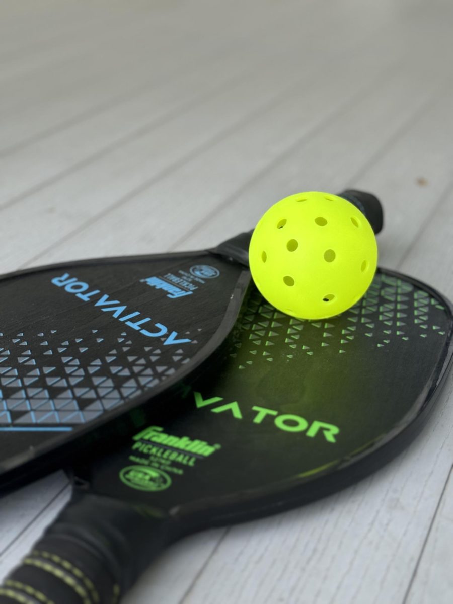 Pickleball paddles are small, and the balls resemble Wiffle Balls.