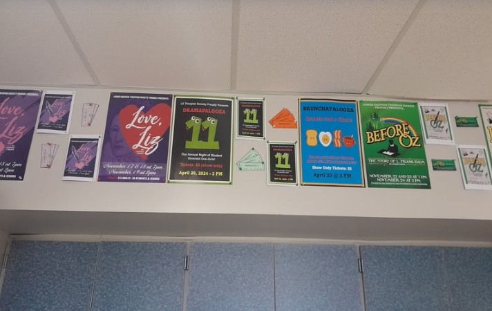 Posters from previous shows, including last year's Dramapalooza 11, are proudly displayed in Mr. Grove's room.